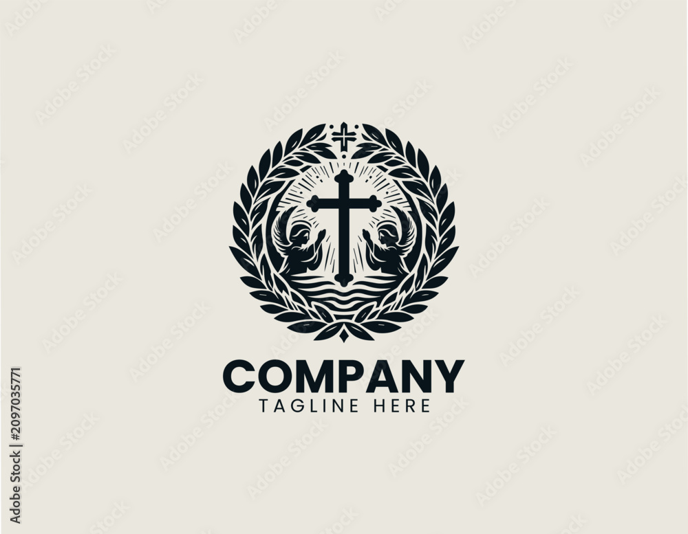 Obraz premium Christian baptism cross with praying angels wreath black vector logo illustration style