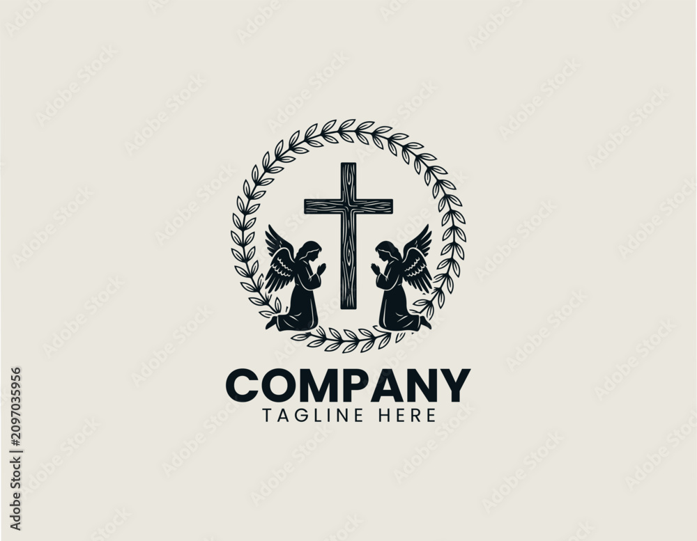Obraz premium Christian baptism cross with praying angels wreath black vector logo illustration style