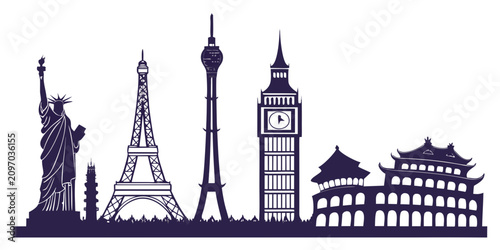 Konstfotografi Black and white line of five famous landmarks line landmarks eiffel tower leanin