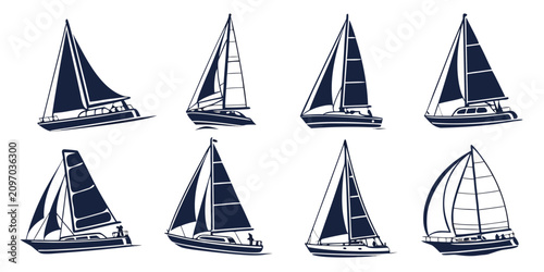 Photos Set of five sailing boats with white sails on white background, view sailboats w