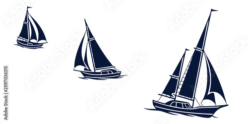 фотографія Set of three sailing boats with white sails on a white background, sailboat mast