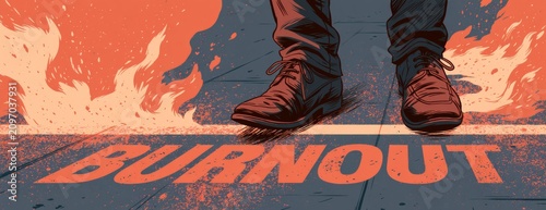 Person standing by burnout line with flames in graphic style  