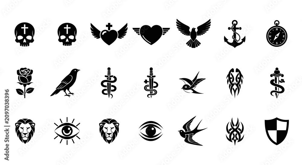 Obraz premium Collection of Black Silhouette Icons: Skulls, Hearts, Animals, Symbols, and More