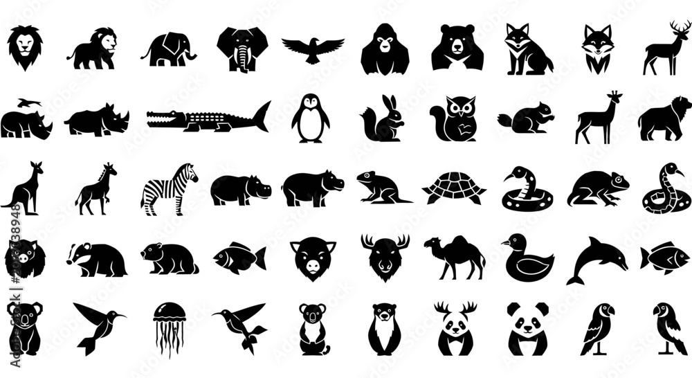 Obraz premium Collection of Diverse Animal Silhouettes Icons Set