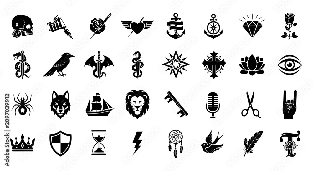 Fototapeta premium Collection of Tattoo Style Icons: Skulls, Animals, Symbols, Flowers, and More