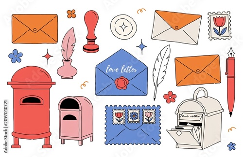 Hand-Drawn Retro Mail and Love Letter Illustration Set with Envelopes, Mailboxes, Stamps, and Writing Tools