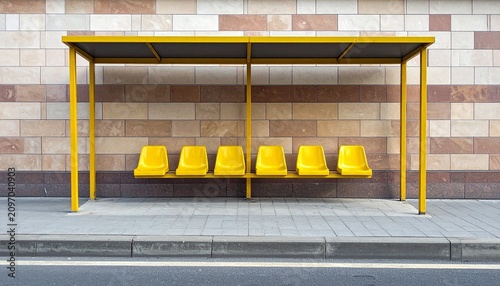 Modern yellow bus stop shelter seats sidewalk geometric tiled wall