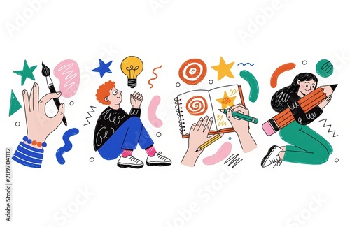Creative Process Illustration with People Drawing, Brainstorming, and Artistic Elements for Design Projects