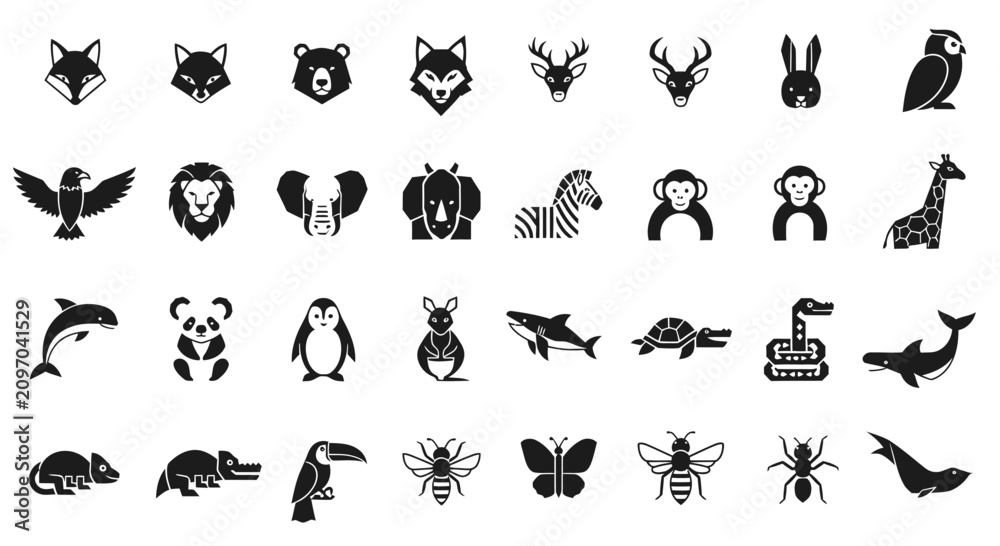 Obraz premium Diverse Animal Icons Set: Wildlife, Pets, and Insects Collection