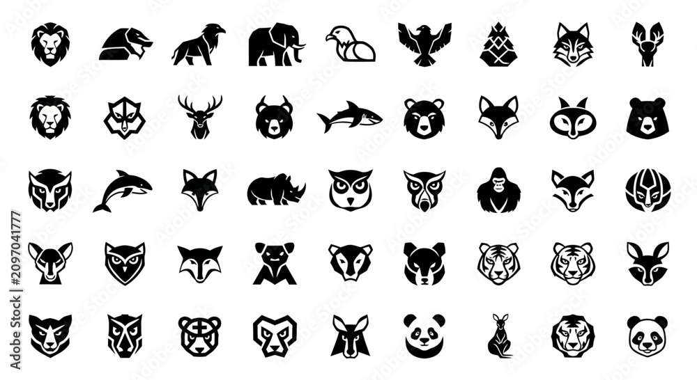 Fototapeta premium Diverse Collection of Animal Icons, Wildlife Silhouettes, Vector Graphics Set