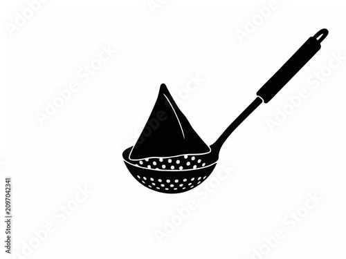 Minimalist black silhouette of a kitchen skimmer spoon holding a triangular snack on white background