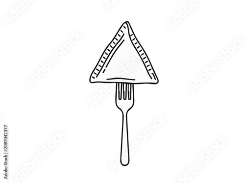 Hand-drawn line art illustration of a delicious triangular snack pastry or samosa on a fork isolated on white background
