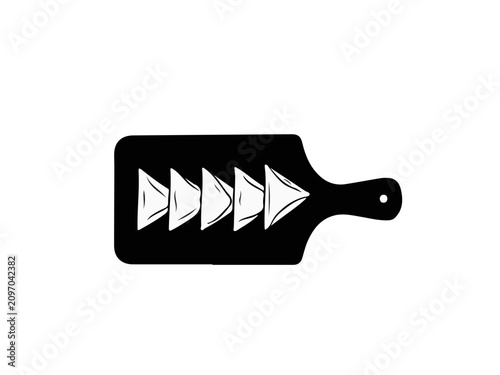 Minimalist Vector Illustration of Triangular Samosas or Dumplings Served on a Black Cutting Board