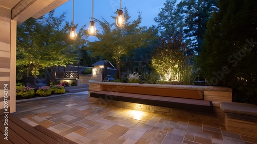 Modern outdoor patio area featuring a long wooden bench illuminated by warm glowing hanging lights
