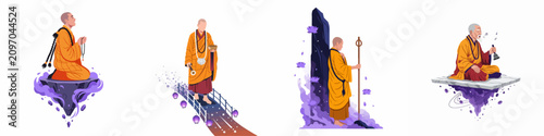 Bild auf Leinwand Collection of four spiritual illustrations featuring Buddhist monks in various meditative and mystical settings, showcasing prayer, travel, and peaceful contemplation
