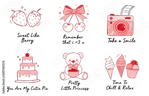 Kawaii Pink Hand Drawn Sticker Set with Cute Quotes, Strawberries, Cherries, Camera, Cake, Teddy Bear and Ice Cream Illustrations