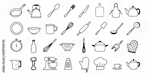 Kitchen utensils line art icons set containing cooking tools bake ware and household culinary equipment for home chef