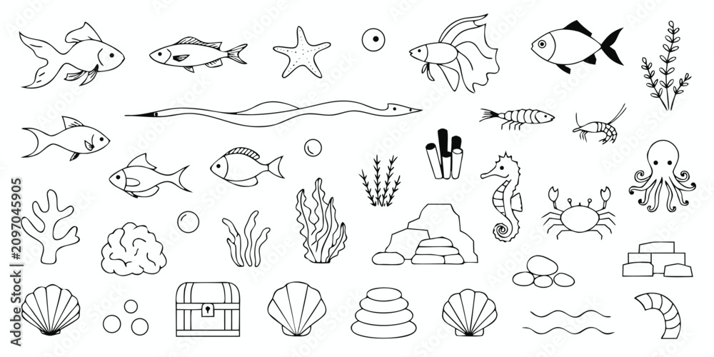Obraz premium Ocean and sea life black thin line icons set featuring fish, coral, and marine animals