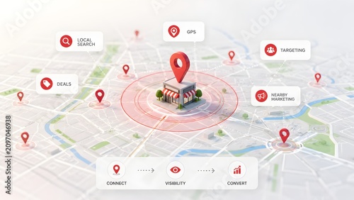 3D store on an isometric map showing proximity marketing strategy from local search visibility to customer conversion
