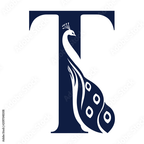 Elegant peacock feather design inside large decorative letter T graphic