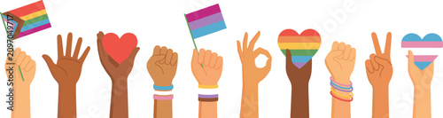 Flat of Diverse Hands with LGBTQ+ Pride Symbols