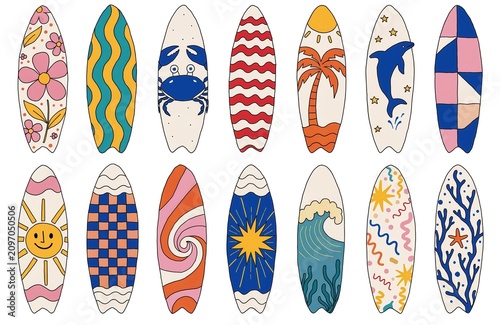 Set of Colorful Hand Drawn Surfboard Illustrations with Retro Summer Patterns and Beach Icons Isolated on White