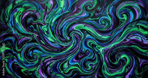 Abstract painting with swirling patterns of neon green, electric blue, and deep purple acrylic paint on a dark background