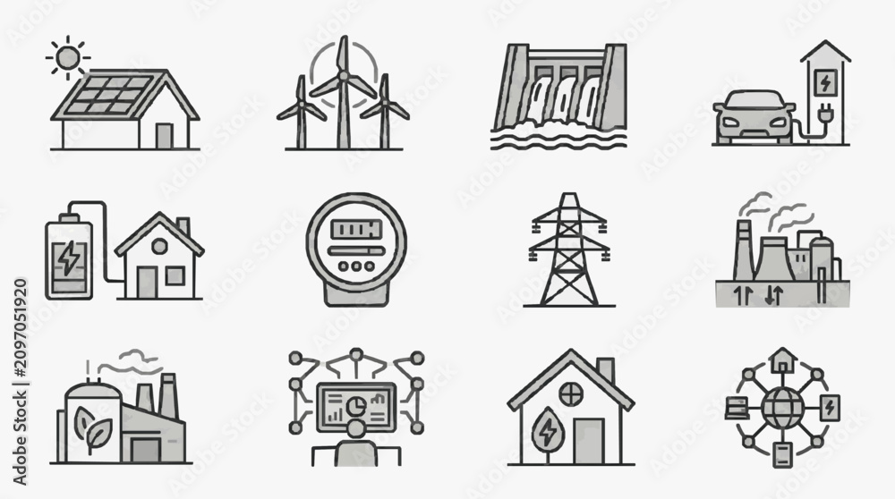 Fototapeta premium Industrial Black and White Line Icons Set Featuring Renewable Energy Power Generation Smart Homes and Technology