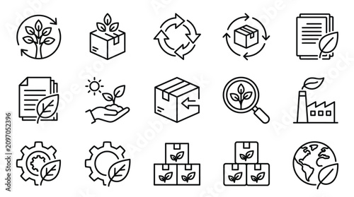 Elegant Black and White Line Icons Set Featuring Sustainable Practices Recycling Packaging and Environmental Concepts