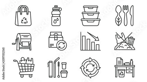 Dynamic Black and White Line Icons Set Featuring Eco Friendly Recycling Shopping and Sustainable Living Concepts