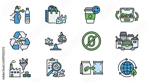 Clean Recycling and Sustainable Living Icons Set Eco Friendly Practices Illustrated with Simple Line Art