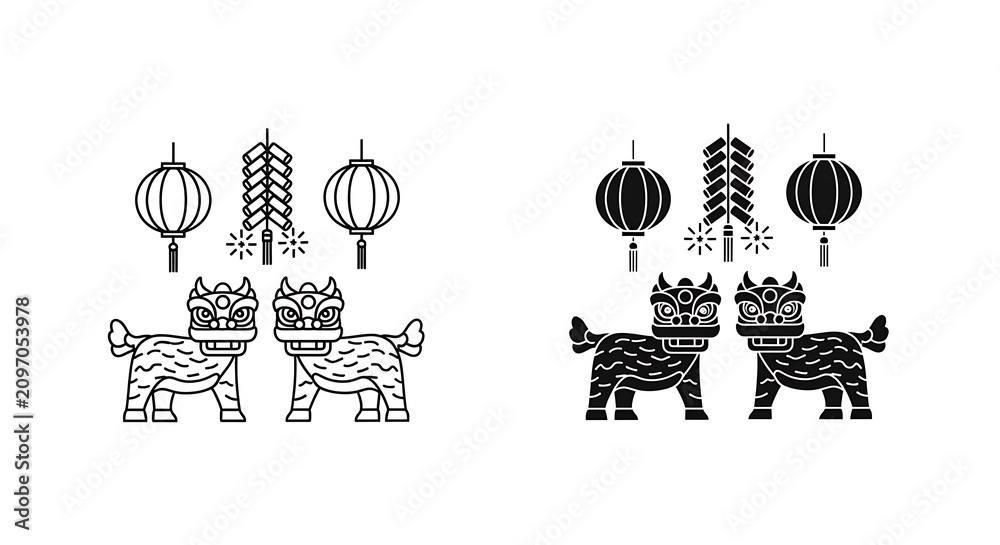 Fototapeta premium Chinese new year lion dance and lantern icons