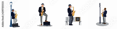 Photography Collection of four vector illustrations showing a jazz musician in a suit and hat playing the saxophone in various urban settings