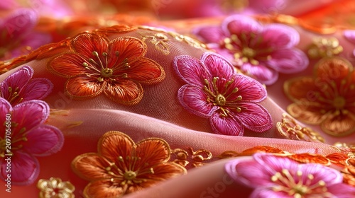 Vibrant orange and pink embroidered flowers on red silk.
