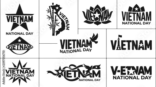 Set of black and white Vietnam National Day logo designs with symbols and typography labels