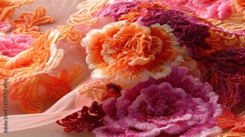 Vibrant orange and purple 3D floral embroidery