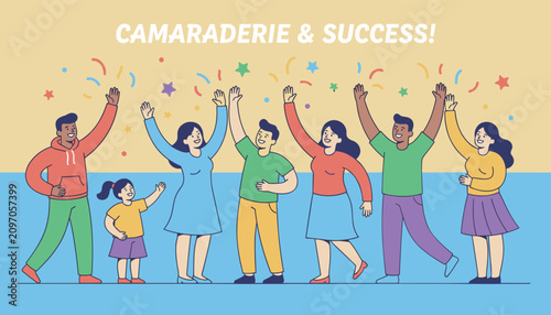 Diverse group of happy children and adults waving their hands together under a camaraderie and success banner.