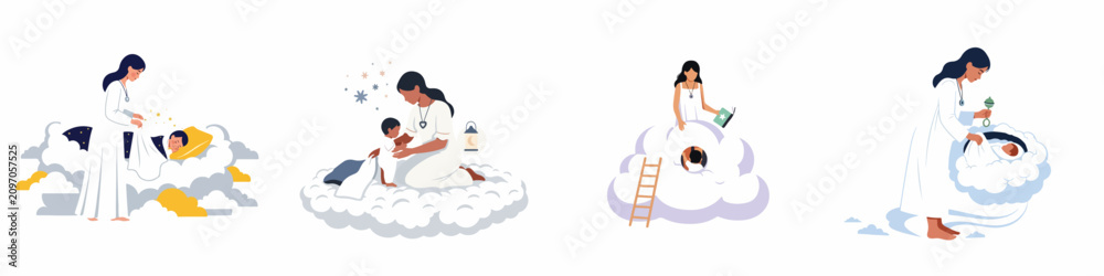 Obraz premium Four whimsical illustrations of a mother caring for her child in a dreamlike world among the clouds and stars.