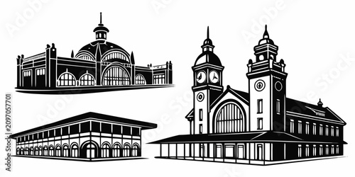 Canvastavla Black and white of five historic european railway stations with domes and towers