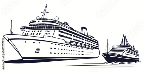 Canvas Print Black and white of luxury cruise ships on white background, ocean liner luxury v