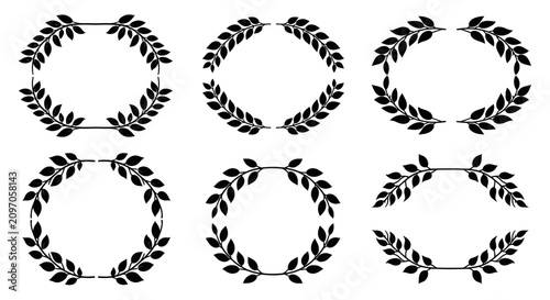 Black laurel wreath silhouette frames with circular leaf borders for classic award and logo designs.