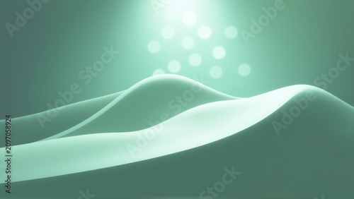 Abstract waves, luminous orbs, teal hues create calming visual experience. Soft light emphasizes fluid forms, serene composition.
