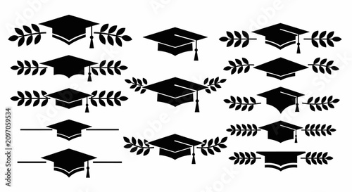 Collection of graduation cap icons with laurel wreaths for academic design