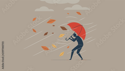 Struggling silhouette of a person holding a red umbrella while walking forward through a heavy rain and wind storm.