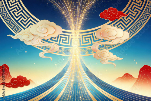 Golden Circular Chinese Frame With Auspicious Clouds And Stream Light Mountain Background