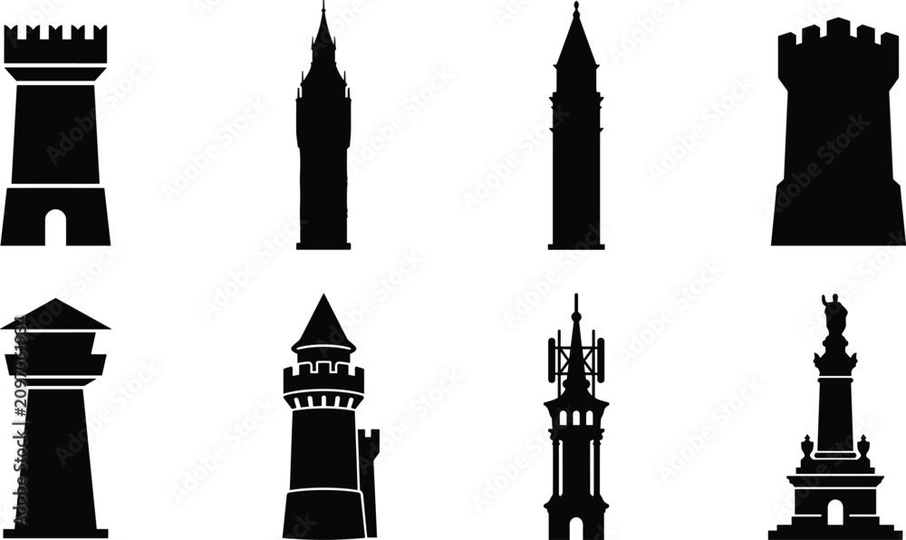 Obraz premium Medieval Tower Silhouette Icon Set Collection with Historic Watchtowers Castles Landmarks and Monument Vector Symbols