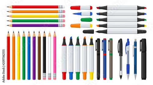 фотографія Colorful writing utensils, pencils, pens, markers, drawing tools, office supplie