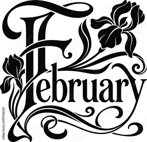 Fotografi A vibrant vintage manner typography structure for the month of february featuring ornate black and white floral elements