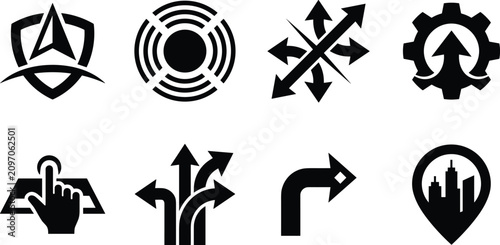 Navigation Direction and Business Strategy Icons Collection with Route Planning Location Pointer Security and Decision Making Vector Set