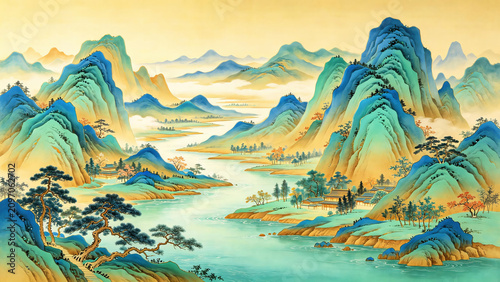 Chinese Traditional Green Blue Landscape Mountain Scroll Painting